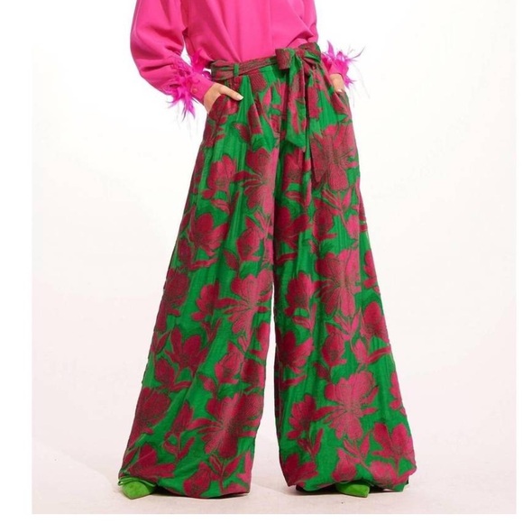 EVA FRANCO Pants - EVA FRANCO Salinger Palazzo wide Leg Pants Textured Green Pink Camiella bloom